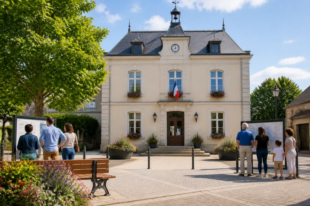 Façade accueillante de la Mairie de Triguères, habitants consultant les informations municipales sur une place fleurie.