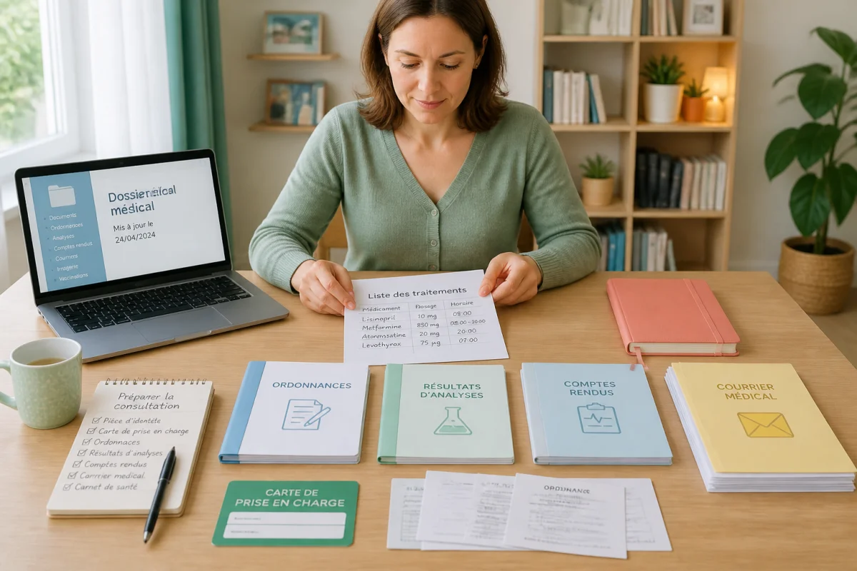 Personne organisant des documents médicaux et traitements pour préparer un rendez-vous médical efficacement