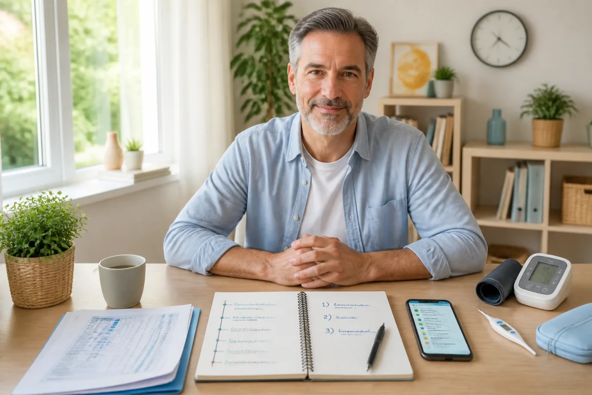 Adulte préparant un rendez-vous médical avec ordonnances, résultats, carnet de symptômes et téléphone organisé