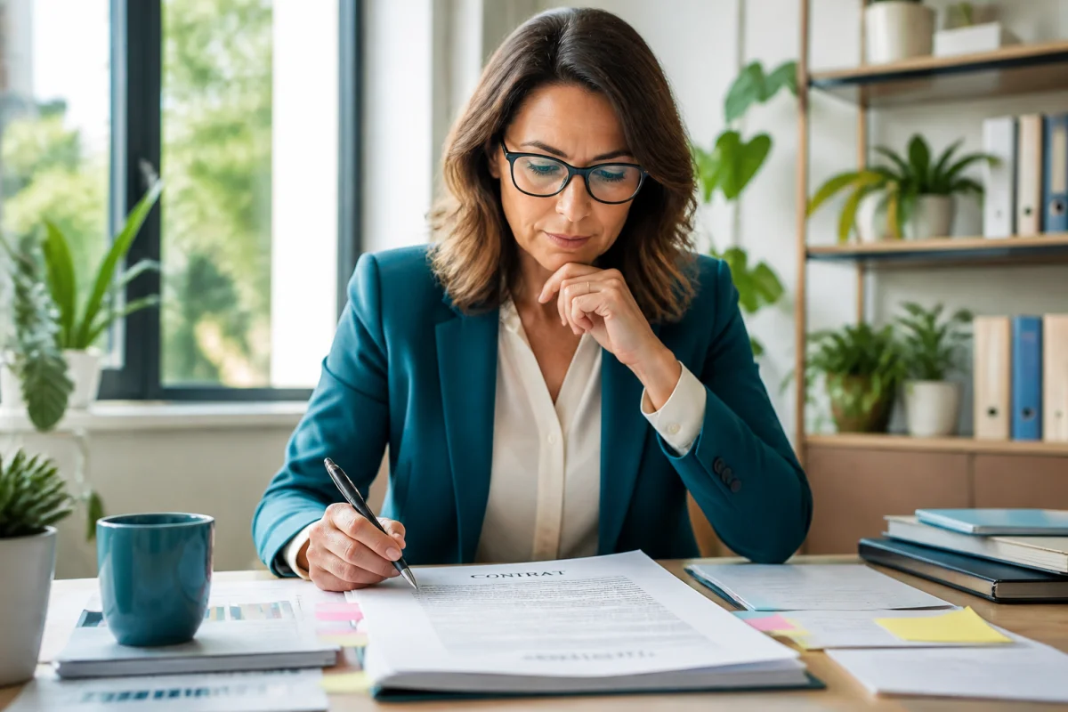 Responsable d’entreprise analysant un contrat avant signature, illustrant la protection juridique en entreprise au quotidien