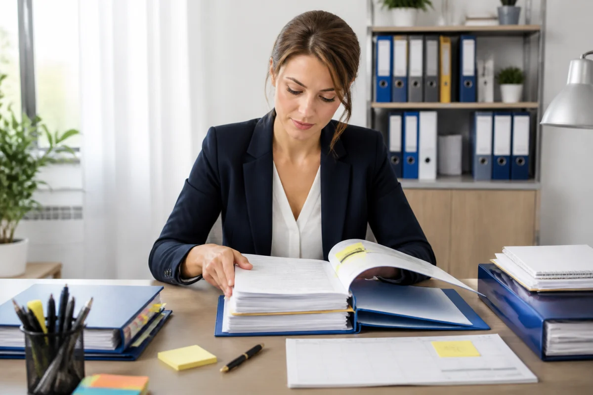 Professionnelle organisant un dossier juridique en entreprise avec documents classés, intercalaires colorés et notes dans un bureau lumineux