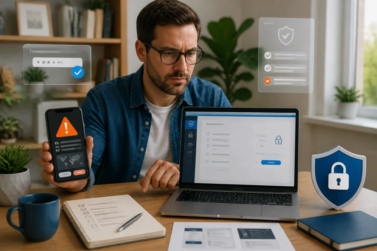 Personne sécurisant un compte en ligne sur ordinateur, téléphone alertant d’une connexion inconnue, pour protéger ses données personnelles en ligne.