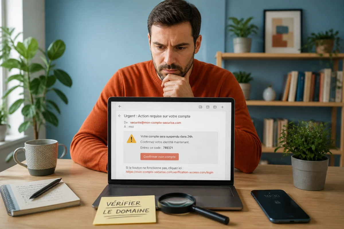 Personne vérifiant prudemment un email suspect sur ordinateur pour protéger ses données personnelles en ligne au quotidien.