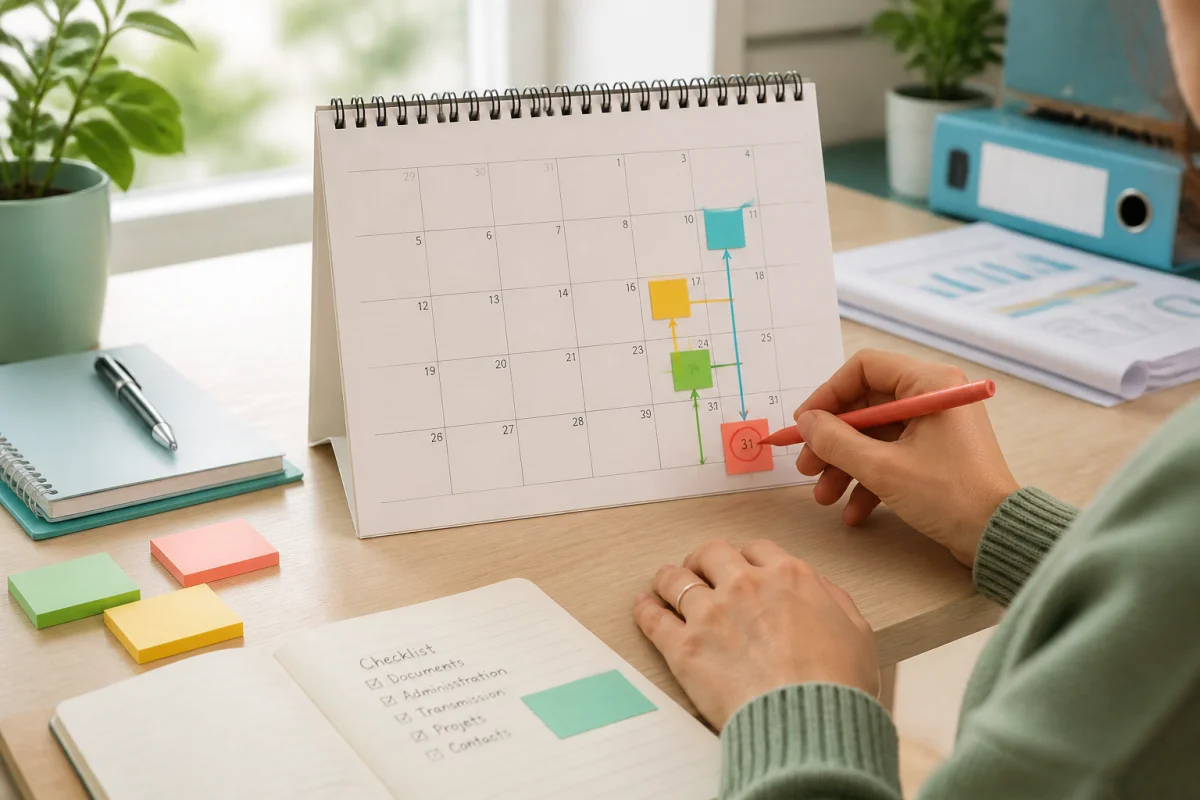 Calendrier de départ professionnel illustrant les étapes de la résiliation de contrat de travail jusqu’à la sortie effective