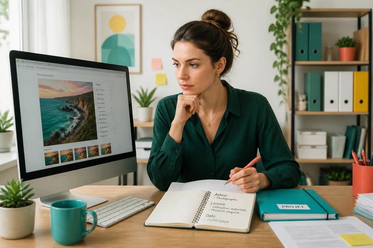 Professionnelle vérifiant la licence d’une image sur ordinateur, avec carnet de suivi des droits d’auteur en ligne.